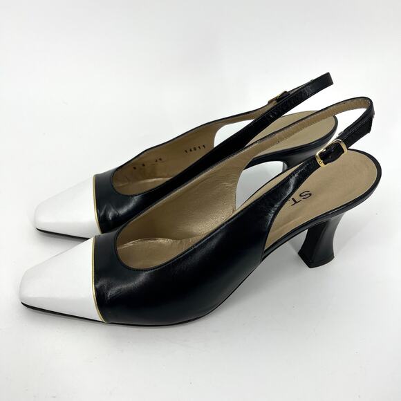 St. John Italy Black White Leather Slingback Heels Shoes Size 8 with Box - Picture 11 of 11